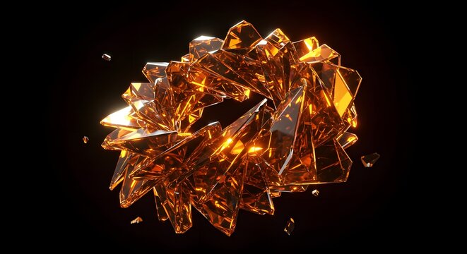 Abstract rendering of a golden, geometric, crystal-like structure with sharp edges, rotating against a dark background.
