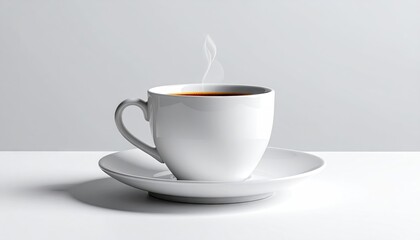 Steaming Coffee in White Ceramic Cup on Saucer Simple Elegant Clean Presentation Food and Drink Hot Beverage Warm Drink White Background Minimalist Composition