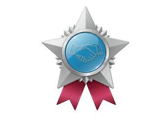 Silver star award with handshake symbol isolated PNG, achievement badge for business partnership and successful collaboration