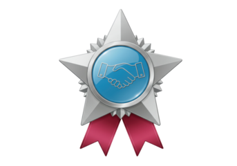 Silver star award with handshake symbol isolated PNG, achievement badge for business partnership and successful collaboration