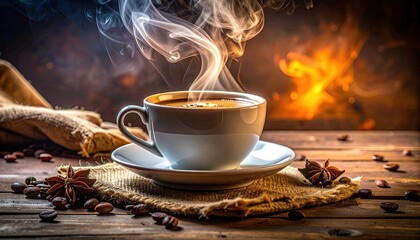 Steaming Coffee in White Cup on Wooden Table with Burlap and Roasted Beans Under Dramatic Lighting and Warm Hues Against Dark Smoky Background