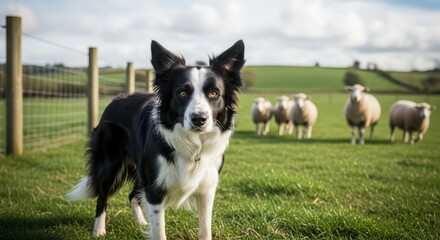 Adult border collie dog standing in a green field with sheep in the background. Herding dog on a farm in a rural landscape for animal concept.