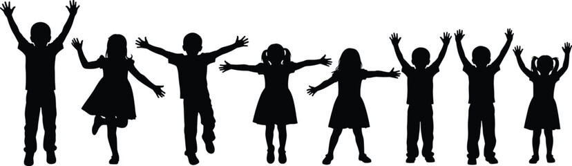 Children celebrating with raised arms, joyful silhouettes in black, expressive poses, unity and happiness theme, vector illustration for education, health, childhood activity