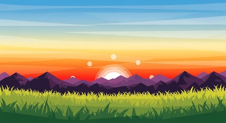 Vibrant Sunrise Over Majestic Mountains and Lush Green Grass Field.
