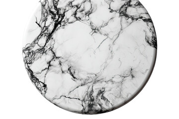 Circular image depicts a marbled, predominantly white surface with contrasting black veins and a glossy sheen