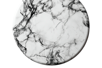 Circular image depicts a marbled, predominantly white surface with contrasting black veins and a glossy sheen