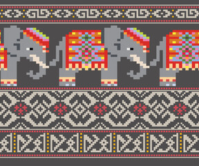 Geometric pattern of elephants, seamless horizontal design for background, decoration, fabric, clothing.