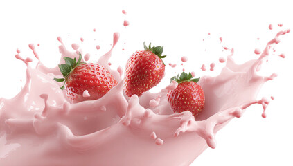 Three red berries are captured mid-air, surrounded by a splash of pink liquid