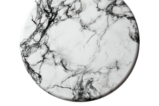 Circular image depicts a marbled, predominantly white surface with contrasting black veins and a glossy sheen