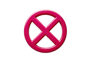Glossy, magenta symbol of an "X" overlaid on a circle, floating on a solid black background
