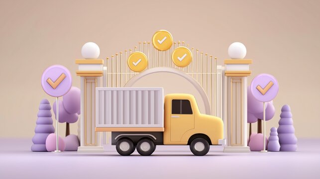 Pastel colored minimalist conceptual image of delivery truck in whimsical setting with trees and checkmark signs, evoking sense of reliability and efficiency