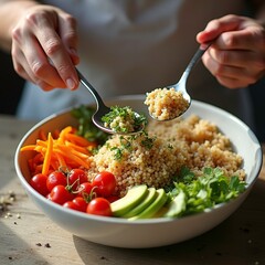A close up of a chefs hands preparing a vibrant and perfectly balanced healthy Buddha bowl with quinoa fresh vegetables and avocado