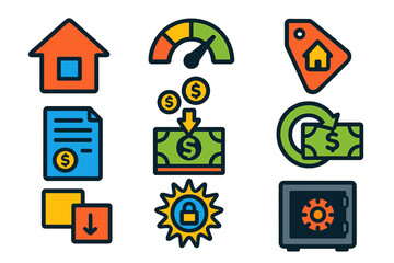 Home Loan Icons. Flat vector icons of home equity loans: home silhouette, equity meter, loan document; appraisal tag, cash