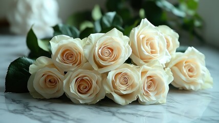 Obraz premium Elegant Bouquet of Creamy White Roses on Marble Table bouquet elegant marble table white roses love
