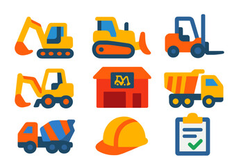 Bold Heavy Equipment Icons. Flat vector icons of heavy equipment rentals: excavator, bulldozer, forklift; backhoe shovel, dump