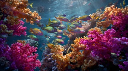 Naklejka premium A vibrant underwater scene showcases colorful coral formations in varying shades of orange and pink, contrasting with a school of fish swimming through the clear blue water, illuminated by sunlight...