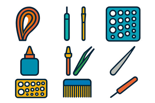 Quilling Tools Icons. Flat vector icons of quilling supplies: quilling strip, slotted tool, quilling board, E-tool, glue brush,