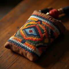 A close up of a colorful and intricate seed bead pattern on a traditional Native American beaded medicine bag