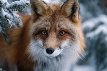 Obraz premium Red fox explores snowy forest in winter