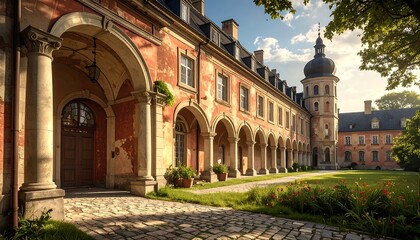 Obraz premium A sun-drenched view of a grand, aged European building with arched walkways, a tower, and lush greenery