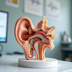 A close up of a colorful and detailed anatomical model of the human ear used for education in an audiologists office