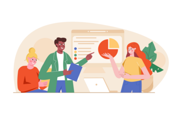 Business Team Analyzing Chart with Diverse People in Casual Attire Presenting Data on Whiteboard with Laptop and Plant against Transparent Background