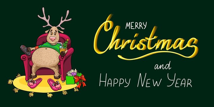 Merry Christmas and Happy New Year greeting card with cute cartoon reindeer in festive sweater seeting on armchair.Cozy raster holiday illustration with stars, winter atmosphere, fun seasonal design.