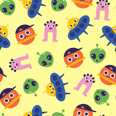 Cartoon Alien and Flying Saucer Pattern on Pale Yellow Background