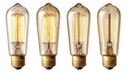Four antique-style light bulbs with glowing filaments and brass bases