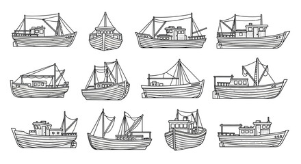 Collection of hand-drawn fishing boats and trawlers in various styles and perspectives vector