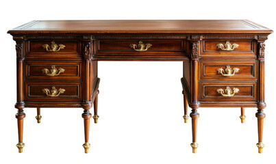 Elegant antique wooden desk with multiple drawers and ornate brass handles, isolated on white.