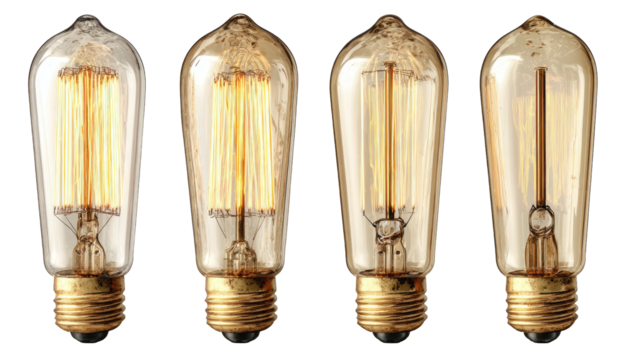 Four antique-style light bulbs with glowing filaments and brass bases