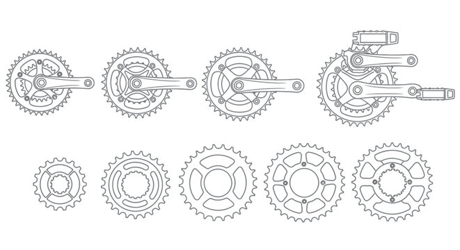 Detailed technical drawings of bicycle chainrings and cassette sprockets with exploded view components vector