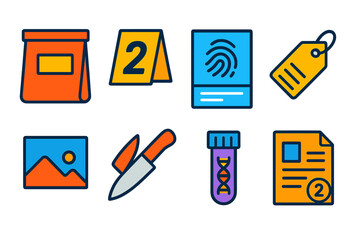 Trial Evidence Icons. Flat vector icons of trial evidence: evidence bag, exhibit marker, fingerprint card, photo exhibit, physical