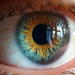 A hyper realistic close up of a human eye showing the detailed texture of the iris and the reflection of a window