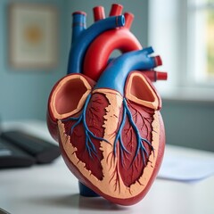 A close up of a colorful and detailed anatomical model of the human heart used for patient education in a cardiology clinic