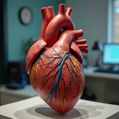 A close up of a colorful and detailed anatomical model of the human heart used for patient education in a cardiology clinic