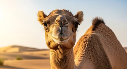 Close-up of a friendly camel in the desert at sunset, looking directly at the camera with a warm expression.