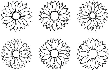 Collection of sunflower outline vector illustration line art