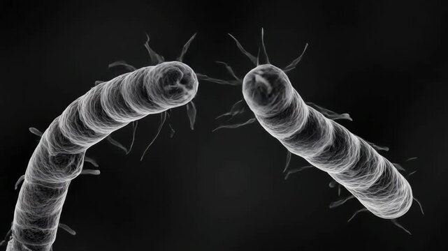 High magnification reveals bacteria in action, displaying unique shapes and movements in a dark setting. This interaction highlights their complex behavior and biological significance