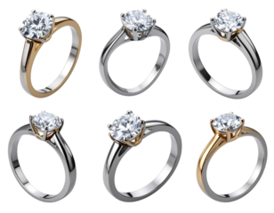 Six Angle Views of Solitaire Diamond Ring in Gold and Silver Transparent Background.