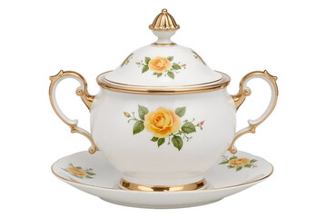 White porcelain tureen with yellow roses and gold trim isolated on a transparent background