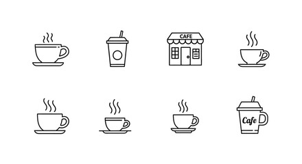 Hand drawn coffee shop icons set featuring cups drinks and storefront for cafe branding and design vector