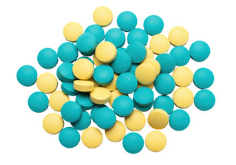 Pile of blue and yellow round pills isolated, pharmaceutical medication for health and wellness on a clean backdrop