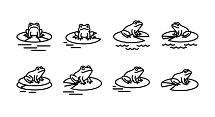 Collection of eight simple line art frog poses on lily pads in water vector