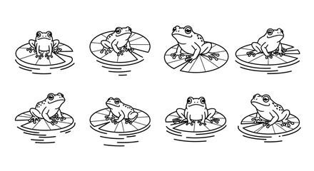 Collection of whimsical hand-drawn frogs perched on lily pads in various playful poses vector