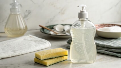 Transparent dish soap bottle with sponge and clean kitchen tools on marble surface