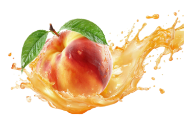 A ripe peach with leaves, bursting through juice, creating a dynamic splash against a black background