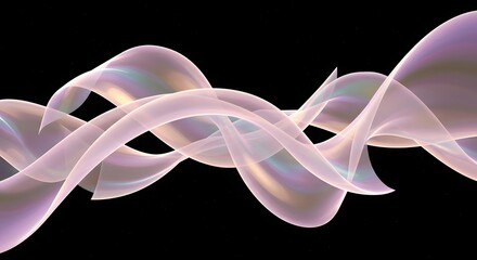 Abstract wavy ribbons with iridescent colors flow across a black background, creating a dynamic and ethereal effect.