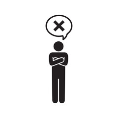 Stick Figure Rejection Icon, Person with Crossed Arms and X Symbol Showing Disapproval, Denial, and Refusal.
